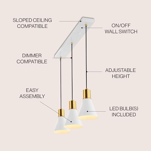 Image of JONATHAN Y Apollo Mid-Century 3-Light Pendant 33.5 inch, White /Brass Gold | Modern, Adjustable Height, Metal Cone Shade, Kitchen Island, Hallway, UL Listed, Slope-Compatible, LED Bulb Included