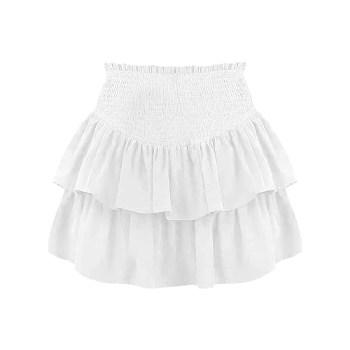 Jupe courte pour femme avec volants - Couleur unie - Décontractée - Évanescente - Belle jupe de plage - Patineuse avec pantalon, Blanc.