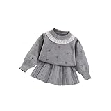 [YJSO] 子供服 ベビー服 女の子 上下セット 90 セーター+スカート 膝上丈 ニットスーツ 秋冬 長袖 トップス プルオーバー ニットセーター プリーツスカート 柔らかい カジュアル おしゃれ シンプル 可愛い グレー 子供スーツ 保温 春 秋