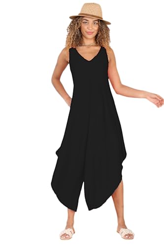 Image of STAR FASHION Women's Sleeveless Plain V-neck Jumpsuit Long and Lightweight Comfy for Summer Beach Party Causal Lagenlook Ladies Wide Leg Flowy Romper Overalls Black 12-14