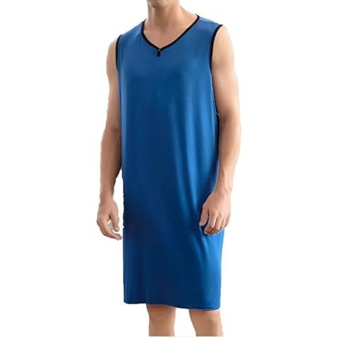 ZEEREE Men's Sleeveless Nightshirts Henley Sleep Shirt Loose Pajama Sleepwear Nightwear Loungewear Comfy Nightgown (Blue, 3X-Large) Cover