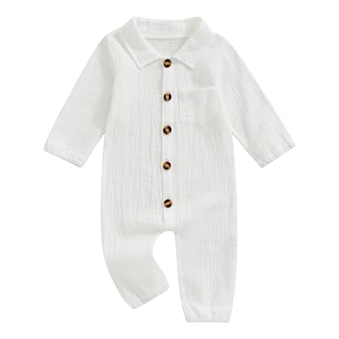 Emmababy Baby Boy Girl Button Jumpsuit Solid Baptism Romper Long Sleeve Collared Shirt Bodysuit Cotton Linen Pocket Playsuit (White, 6-12 Months) Cover