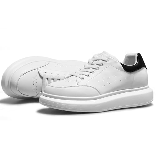 Leather Lace-up Platform Wedge Sneakers, 3 Inch Height Increasing Shoes, White Tennis Walking Shoes for Men & Women3