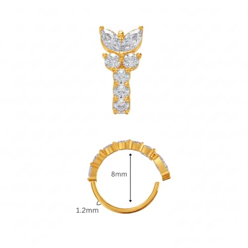 Image of Monster Piercing 316L Surgical Steel CZ Jeweled Butterfly Open Hoop Nose Ring 16G 8mm - Stainless Steel Cartilage & Nostril Piercing Jewelry (Steel, Gold, Rose Gold)- Sold as single piece