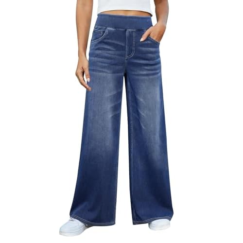 DLOODA Women's Wide Leg Jeans High Waisted Stretchy Denim Pants Elastic Waist Pull On Sweatpant Jeans Trendy Baggy Loose
