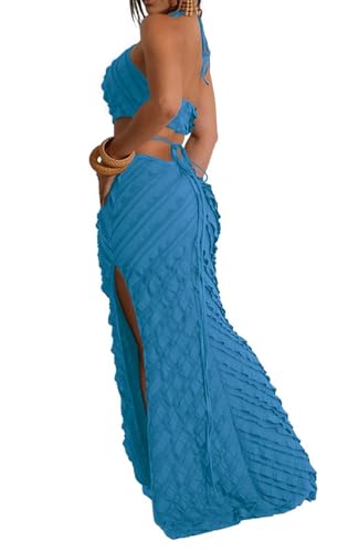 Image of Aro Lora Womens Sexy Halter Neck Criss Cross Pleated Hollow Out Side Slit Bodycon Maxi Dress Large Blue