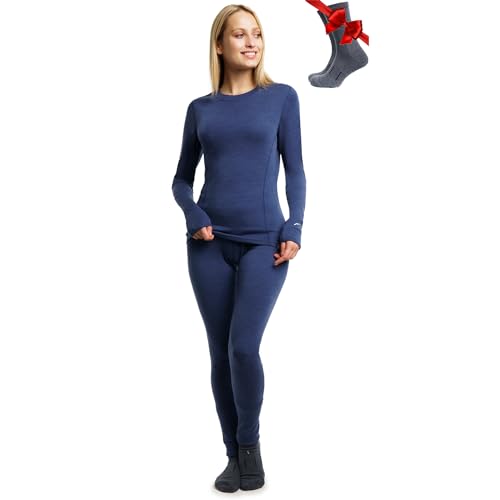 Merino.tech Conjunto Lana Merino Mujer - 100% Termica Lana Merino Camisa y Pantalon Medio con Calcetines (Large, 250 Windsor Blue)
