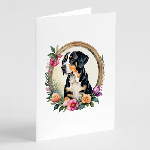 Caroline's Treasures Entlebucher Mountain Dog and Flowers Greeting Cards and Envelopes Pack of 8 Blank Cards with Envelopes Whimsical A7 Size 5x7 Blank Greeting Cards