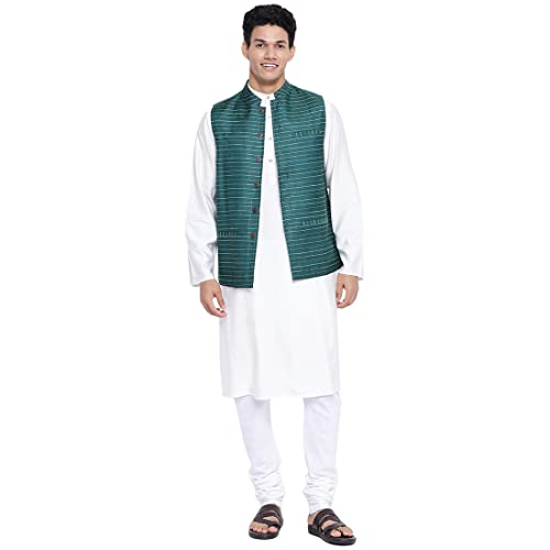 Image of Fabindia Green Viscose Blend Striped Nehru Jacket
