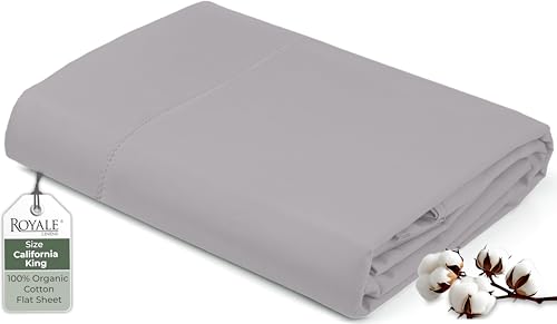 Image of Royale Linen 100% Organic Cotton California King Flat Sheet Only - Super Soft - Percale Top Sheets - California King Flat Sheet Sold Separately - Cool & Crisp Sheets Only (108 inch x102 inch, Silver)