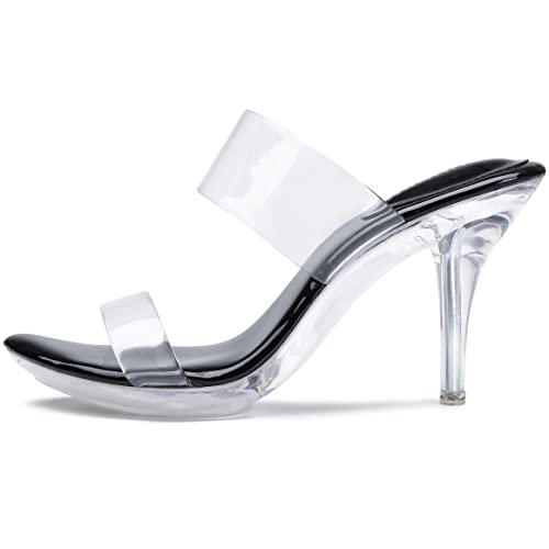 Image of NBUUNBU Clear Heels for Women Silver Black Heels Little Platform Sexy High Heels Sandals Stiletto Kitten Open Toe Dress Shoes Comfortable Double Transparent Strap Heeled Sandals Mule