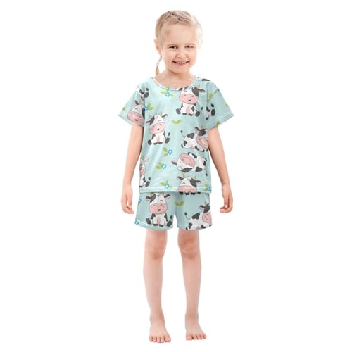 Pajama Short Sets Cute Cow Pattern Prints Soft Cotton Summer Sleepwear 2 Piece PJS Size 5-14T4