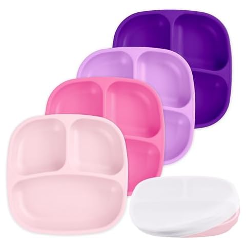 Re-Play - 4 Pack 7.37" Divided Plates with Deep Sides for Baby, Toddler & Child Feeding - BPA Free - Made in USA from Recycled Milk Jugs - Princess Cover