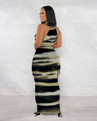 Image of 2 Piece Outfits for Women Sexy Halter Neck Sleeveless Crop Tops Ruched Bodycon Dresses Jumpsuits Fringe Skirt Sets