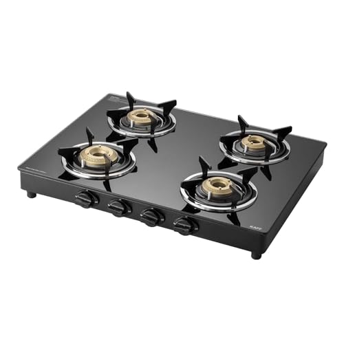 Image of KAFF CTC 63 4B Gas Stove /Cooktop 4 Burners with Auto Electric Ignition 63 CM, High Efficiency Brass Burners, Black Tempered Glass, Enamelled Pan Support (Black)