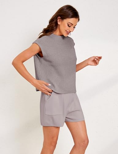 Image of Fiona Jolin Women's Sleeveless Knit Sweater Vest Vintage Cap Sleeve Casual Mock Neck Tank Top with Front Pocket