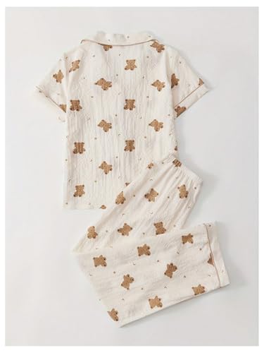 Verdusa Women's 2 Piece Pajama Sets Cute Printed Fall Pajamas Sleepwear Button Up Shirt with Pants Lounge Pjs2