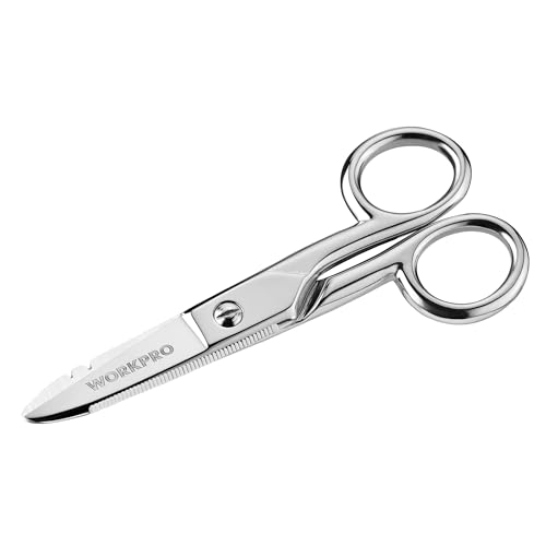 WORKPRO Electrician Scissors 5-1/5 Inch Heavy Duty Scissors Nickel-Plated Stainless Steel Snips with 19&23 Stripping Notches for Telecom and Electrical Work