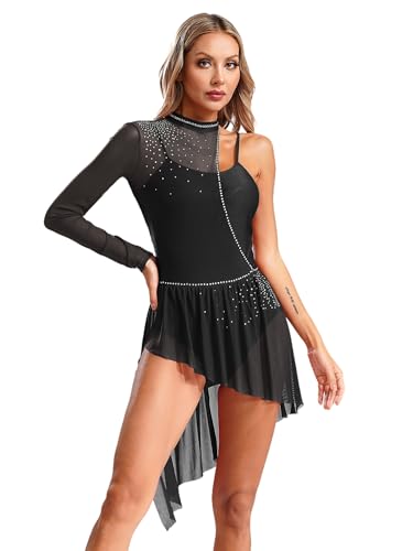 Jhaoyu Vestido de patinaje artístico con lentejuelas para mujer, de manga larga, sin mangas, con piedras de strass, vestido de patinaje sobre ruedas, leotardo, traje de baile, traje de competición