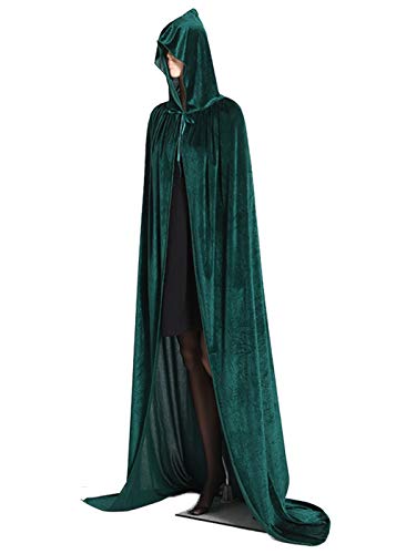 Hooded Cloak Full Long Velvet Cape for Halloween Cosplay Costume Cloak Green 07GS - Thumbnail 3