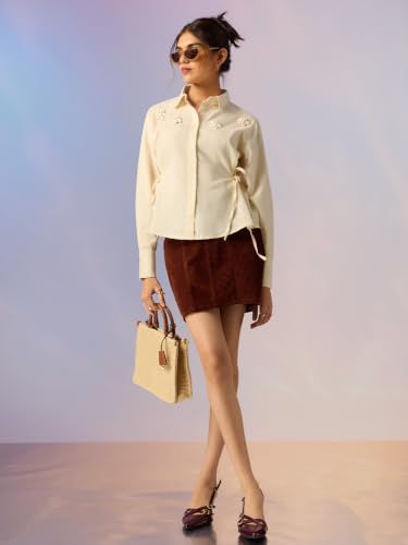 Image of The Souled Store Seashell Women Full Length Spread Collar Off White Embroidered Cotton Linen Blend Regular Fit Breathable Side Tie-Up Lightweight Everyday Shirt for Casual Wear