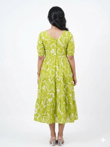 Image of Women's Cotton Floral Leaf Print Tiered Midi Dress - Square Neck, Short Sleeve A-Line Smock Dress for Casual Summer & Vacation Wear