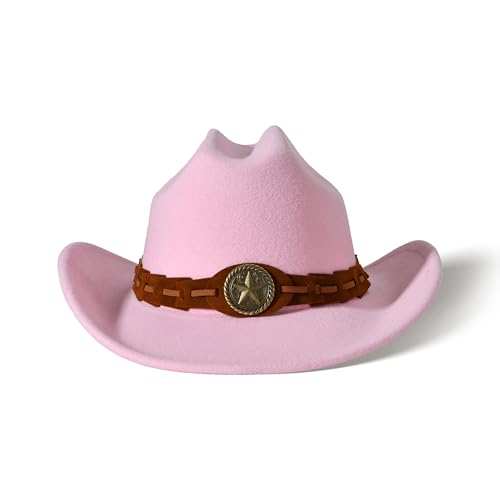 Image of Willheoy Kids Cowboy Hat for Girls Boys Western Cowgirl Hat with Buckle Belt Unisex Wide Brim Fedora Hat Dress Up Costume