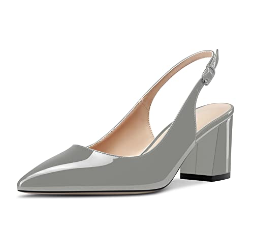 Castamere Damen Mittlerem Chunky Blockabsatz Absatz Heel Spitze Zehenkappe Slingback Pumps Slip-on Cute Dress Knöchelriemen Sandalen 6.5 cm Heels Grau Lackleder 36 EU