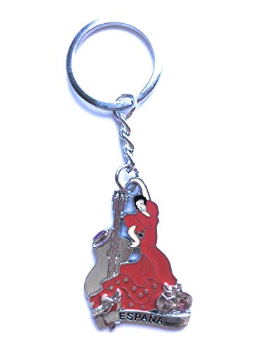 ValmoniSport Llavero Flamenca con Guitarra, Tacones, Castañuelas y Sombrero Vestido Rojo con Palabra ESPAÑA Llaves Español Colgante España Sevillana Sevillanas