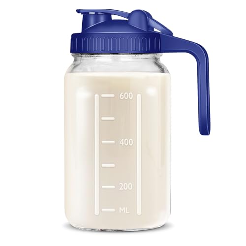 Image of UYEIKMLOP Mason Jar Pitcher, 32OZ Breast Milk Pitcher Double Leak Proof with Pour Spout Handle, Wide Mouth Iced Tea Pitcher for Fridge, Creamer Container for Coffee, Sun Tea juice(Blue,1 Pack)