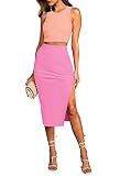 Picture of HUUSA Women's Sleeveless Bodycon Slit Skirts 2 Piece Dress Sets Sexy Color Block Summer Beach Party Round Neck Empire Waist Skinny Midi Dress Peach Pink XL