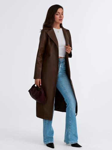Trendy Queen Womens Long Leather Jackets Trench Coat Blazer Lapel Faux Open Front with Belt3