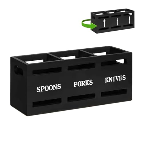 LONG TAO Kitchen Utensil Holder Wooden Cutlery Holder Black Silverware Utensil Caddy Cutlery Organizer Wood Silverware Containers for Kitchen Countertop Spoons Forks Knives Cooking Tools Storage