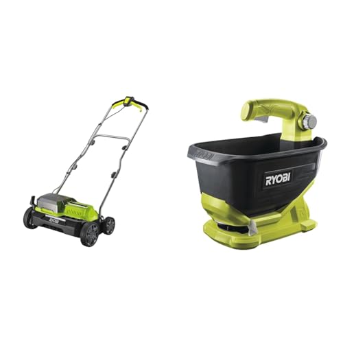 Ryobi RY18SFX35A-0 18V One+ Cordless 35cm Brushless Scarifier, 18 V, Vert & Épandeur à Main à Batterie 18V One+ - Débit et Largeur Épandage Réglables - Bac Capacité 4 L / 5 kg - Poignée