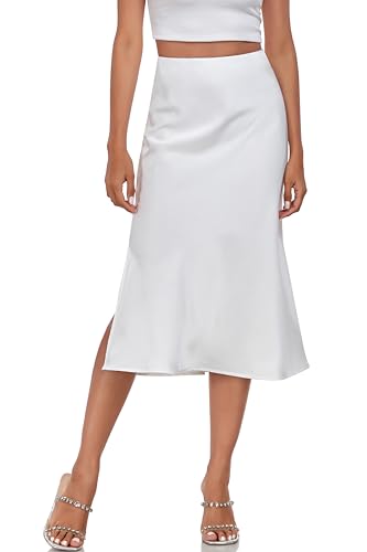 Women's Silk Satin Midi Skirts High Waist Elastic Ruffle Elegant A Line Elegant Casual Slit Party Skirt