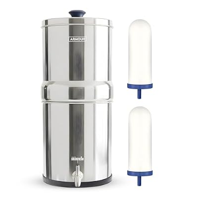 Armour Water Filter System - Stainless Steel Countertop Gravity Water Filter Dispenser with 2 Coldstream FTO Filters for PFAS, Fluoride, Lead, Bacteria - NSF Certified Water Dispenser
