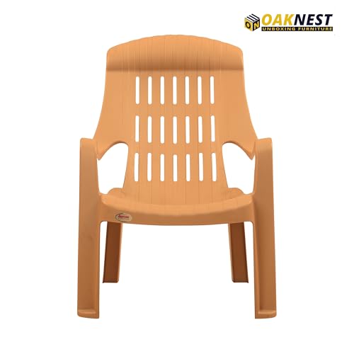 Image of Oaknest Supreme Comfy Relaxing Chair - Ergonomic High-Back Plastic Armchair for Home, Garden, Balcony & Patio | Heavy-Duty, Weather-Resistant & Easy to Clean | Amber Gold | Set of 4