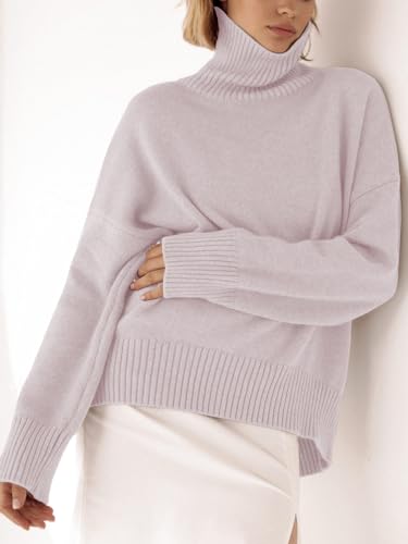 Image of YKR Women's Turtleneck Sweater Chunky Long Sleeve Knitted Pullover High Low Hem Trendy 2025 Fall Winter Basic Jumper Top