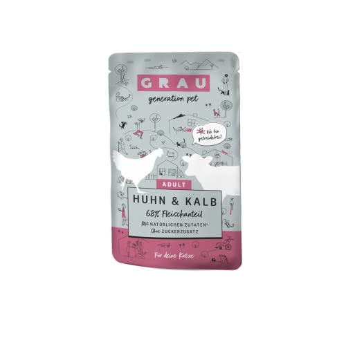 GRAU – das Original – Nassfutter für Katzen - Huhn & Kalb (Pouchbeutel), 16er Pack (16 x 125 g), getreidefrei, für Erwachsene Katzen