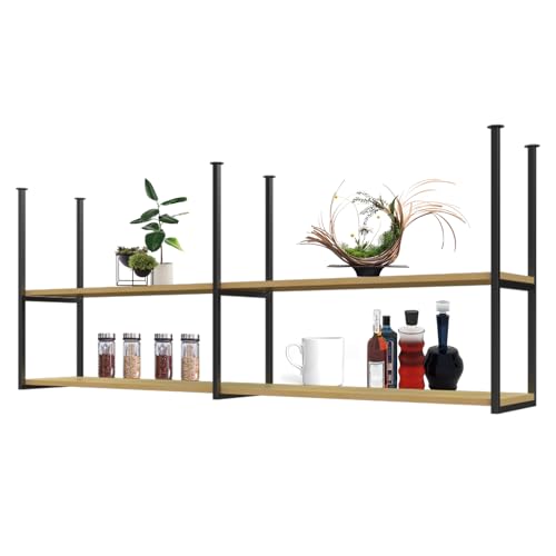 47.2' Ceiling Shelf, Floating Shelves Kitchen Storage Wine Rack, 2 layer Industrial Ceiling Mount Shelf, Wooden Hanging Display Stand for Cabinet Kitchen Bar, Wine Bottle Plants Books Dish Organizer