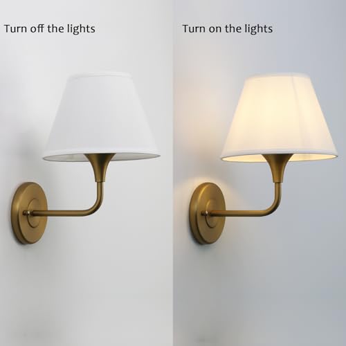 Image of PERMO Wall Sconces Set of 2 Traditional Gold Sconce with 6.3 inch High Linen Lampshade Hardwired Set of Two Wall Light for Living Room Bedroom Hallway Bathroom Stairs Kitchen