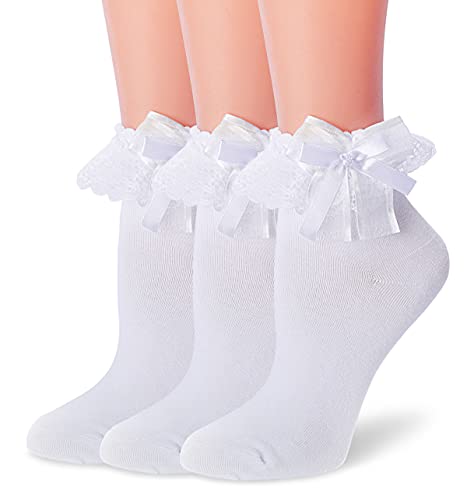 Women Lace Ankle Socks, Ruffle Socks Cute Frilly Cotton Socks Girl Princess Socks 3 Pairs (White, 3 Pairs)