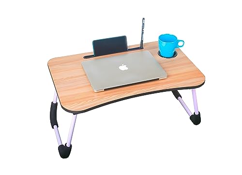 Image of MemeHo Multi-Purpose Foldable Laptop Table for Bed & Sofa | Portable Study Desk, Breakfast & Reading Table | Ergonomic Design, Non-Slip Legs | Fits up to 17 inch Laptop with Cup Holder (Wood)