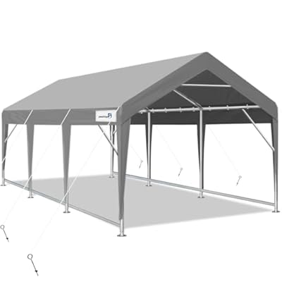PEAKTOP OUTDOOR 12'x20' Heavy Duty Carport, Portable Car Canopy, Garage Tent, Boat Shelter with Reinforced Triangular Beams and Ground Bar, Grey