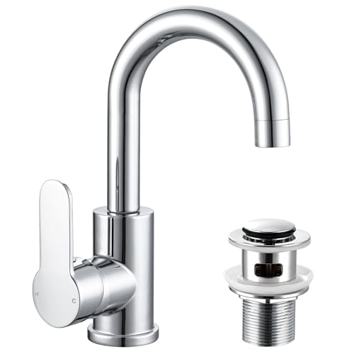 Grifo mezclador de lavabo giratorio para baño con desagüe emergente, grifo moderno de cuello de cisne monomando para baño, cromado