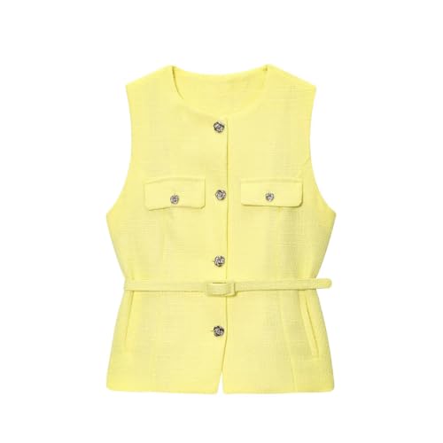 Women's Stylish Textured Waistcoat with Belt, Mock Pockets and Welt Pockets, Round Neck Button-Front Vest