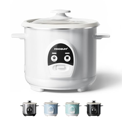MOOSUM Rice Cooker with One Touch, 0.6L-3Cups, For 1-2 People, Fast Cooking Without Burning, Removable Non-Stick Coating incl, Keep-Warm 24h, White