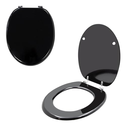 Anika 92559 Black Gloss Toilet Seat/Chrome Hinges/Easy Installation / 43cm x 37.5cm