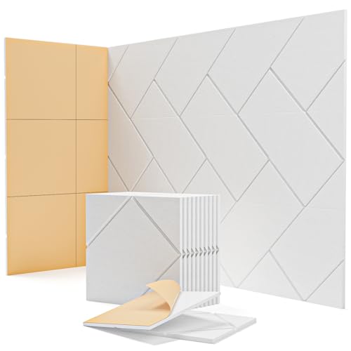 Image of Kuchoow Sound proof Acoustic Wall Panels Noise Reducing and Absorbing for Studio, 12 Pack 12x12x0.4 inch White Self Adhesive Decorative Noise Cancelling and Sound Dampening Tiles for Ceiling and Door