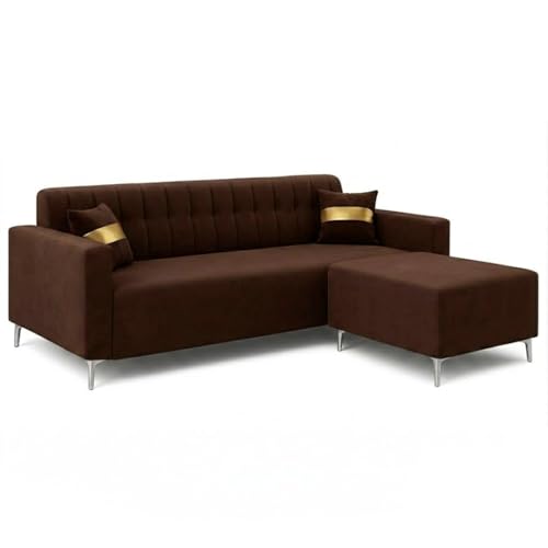 Image of FURNY Regan 4 Seater L Shape Sofa Set with Movable Ottoman | Flexible Left or Right Layout | Plush Velvet Fabric (Dark Brown) | Perfect for Living Room, Guest Room & Office